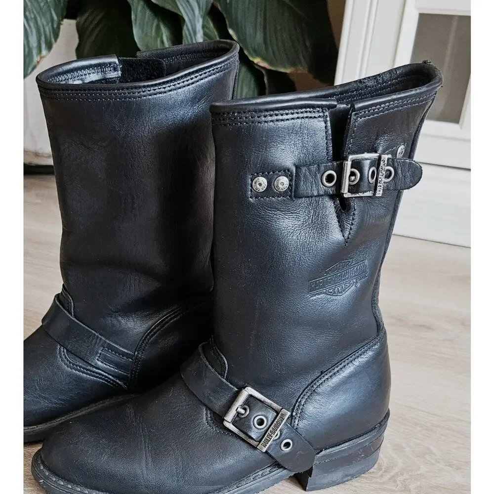 Harley Davidson 88409 Black Leather Motorcycle Boot Buckle Womens 6 Oil Resistan